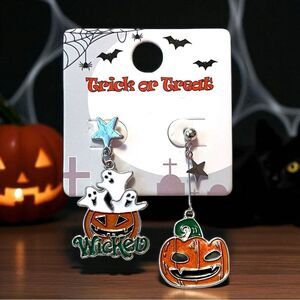 Halloween Jack-O-Latern And Ghost Silver Tone Earrings